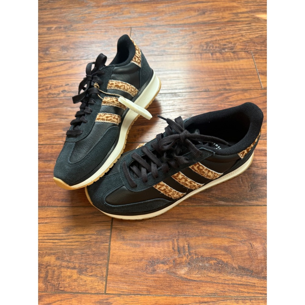 Adidas Womens 10 Black Leopard Animal Print Pony Hair Sneakers Gum Sole